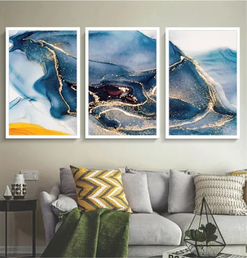 Kit 3 Quadros Decorativos Modernos Azul Dourado Com Moldura