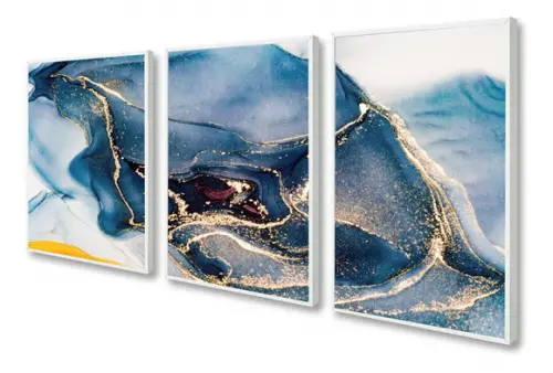 Kit 3 Quadros Decorativos Modernos Azul Dourado Com Moldura