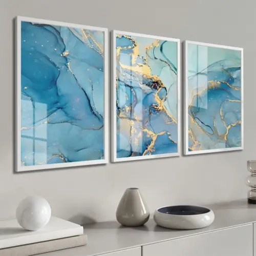 Kit 3 Quadros Decorativos Modernos Azul Gold Moldura e Vidro