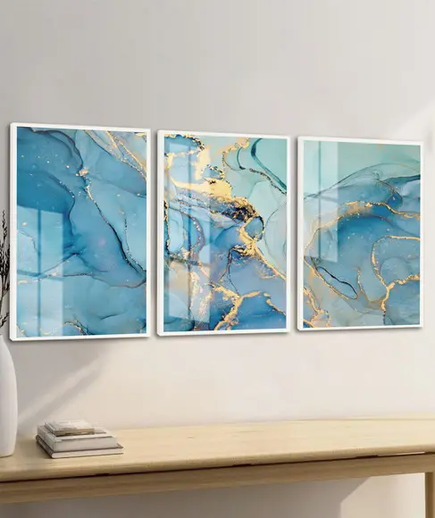 Kit 3 Quadros Decorativos Modernos Azul Gold Moldura e Vidro