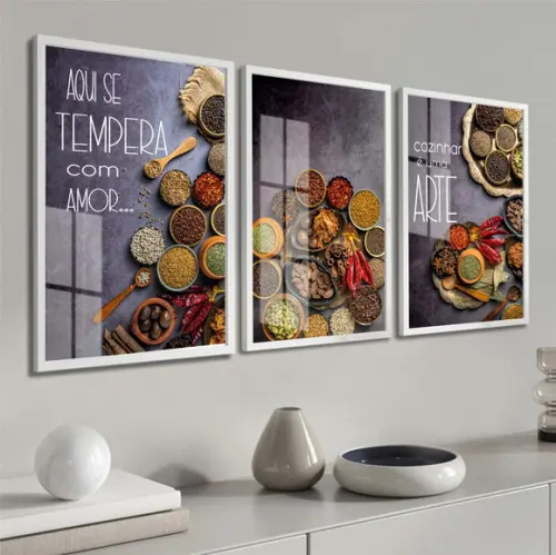 Kit 3 Quadros Decorativos Modernos Cozinha Moldura e Vidro
