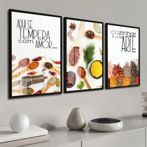 Kit 3 Quadros Decorativos Modernos Cozinha Moldura e Vidro