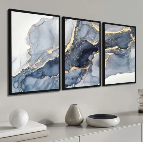 Kit 3 Quadros Decorativos Modernos Dourado Azul Com Moldura