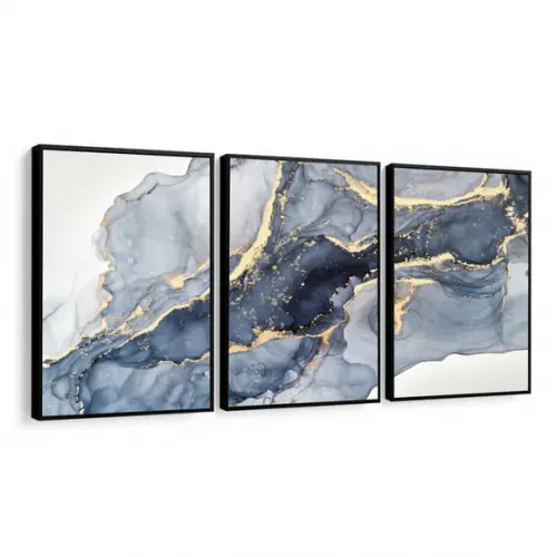 Kit 3 Quadros Decorativos Modernos Dourado Azul Com Moldura