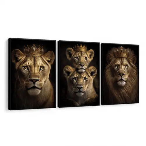 Kit 3 Quadros Decorativos Modernos Família de Leão Moldura