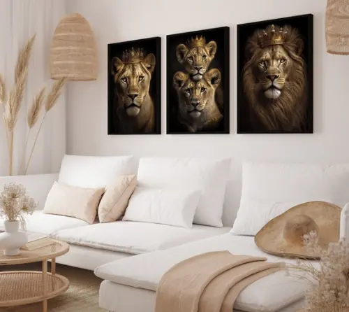 Kit 3 Quadros Decorativos Modernos Família de Leão Moldura