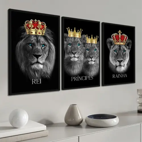 Kit 3 Quadros Decorativos Modernos Família De Leão Moldura