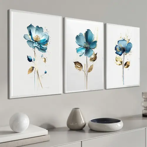 Kit 3 Quadros Decorativos Modernos Flor Azul com Moldura