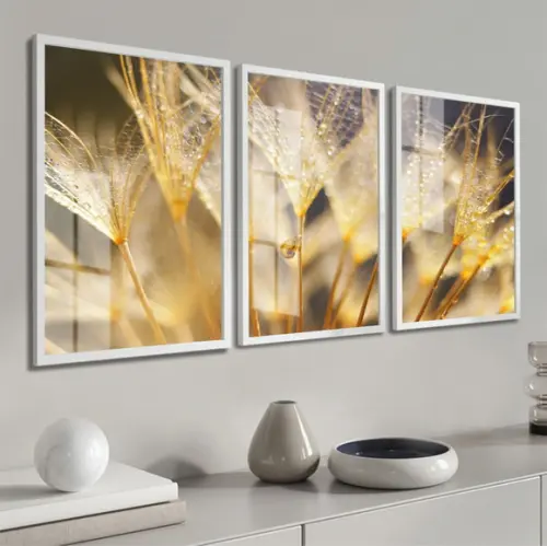 Kit 3 Quadros Decorativos Modernos Flor Dente de Leão Vidro