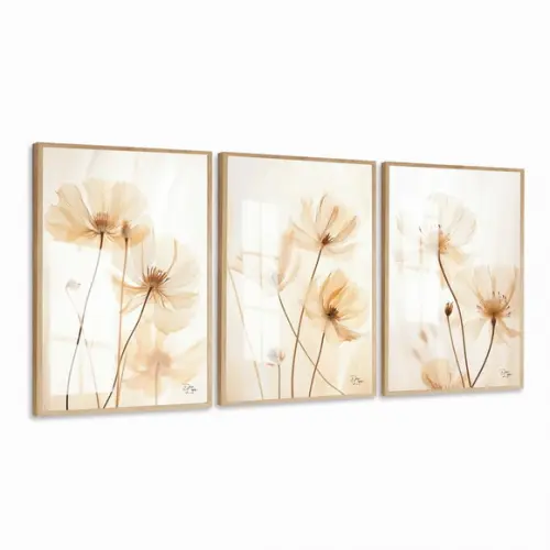 Kit 3 Quadros Decorativos Modernos Flor Hall Luxo com Vidro