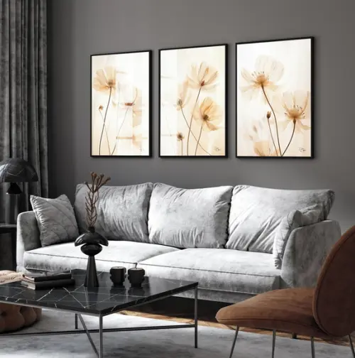Kit 3 Quadros Decorativos Modernos Flores Luxo com Vidro