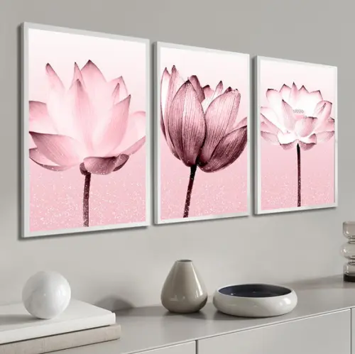 Kit 3 Quadros Decorativos Modernos Flores Rosa Com Moldura