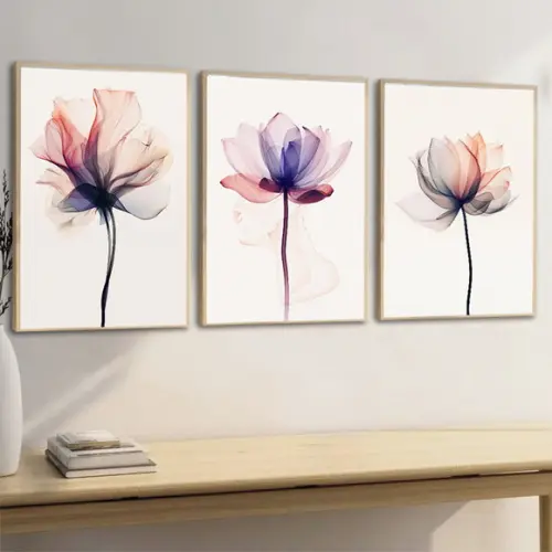 Kit 3 Quadros Decorativos Modernos Flores Rosa com Moldura