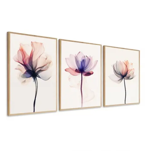 Kit 3 Quadros Decorativos Modernos Flores Rosa com Moldura