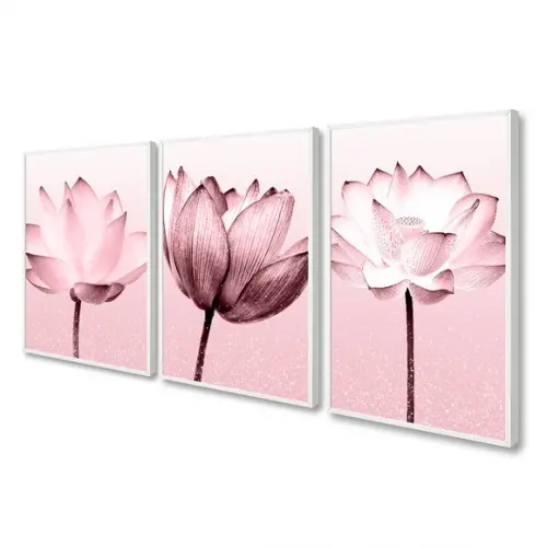 Kit 3 Quadros Decorativos Modernos Flores Rosa Com Moldura