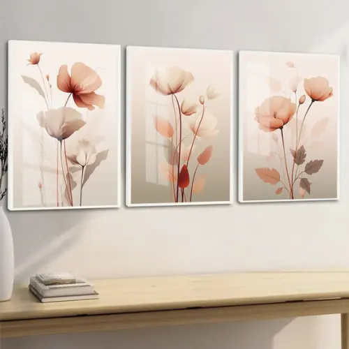 Kit 3 Quadros Decorativos Modernos Flores Rosa Moldura Vidro