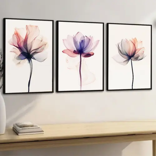 Kit 3 Quadros Decorativos Modernos Flores Rosa Quarto Sala