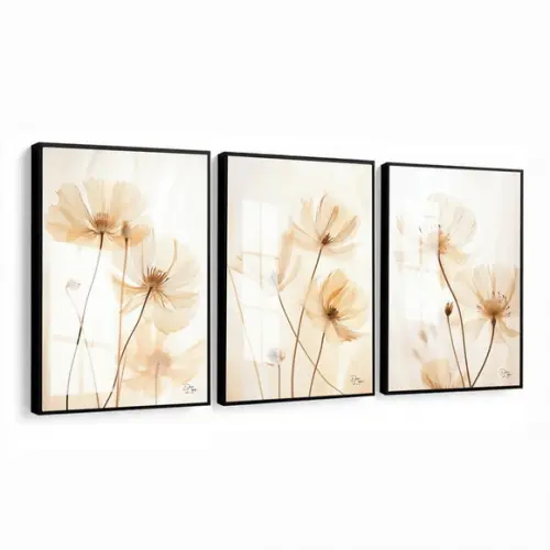 Kit 3 Quadros Decorativos Modernos Flores Luxo com Vidro