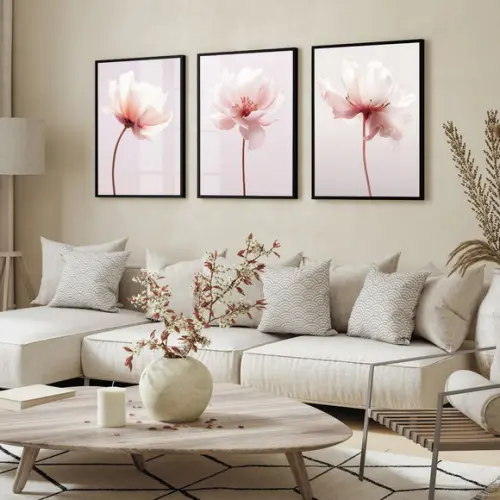 Kit 3 Quadros Decorativos Modernos Flores Rosas com Vidro