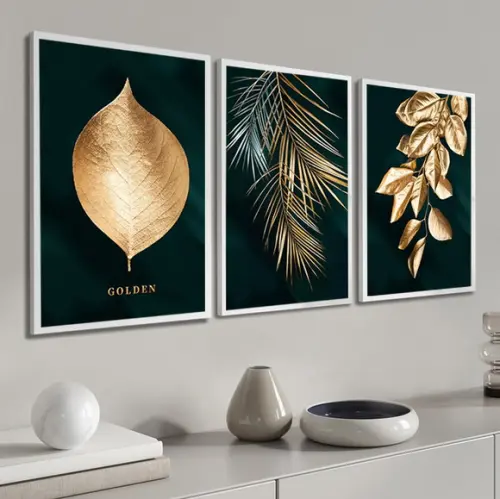 Kit 3 Quadros Decorativos Modernos Folhagem Dourada Moldura