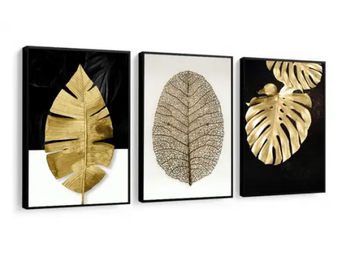 Kit 3 Quadros Decorativos Modernos Folhagem Dourada Moldura