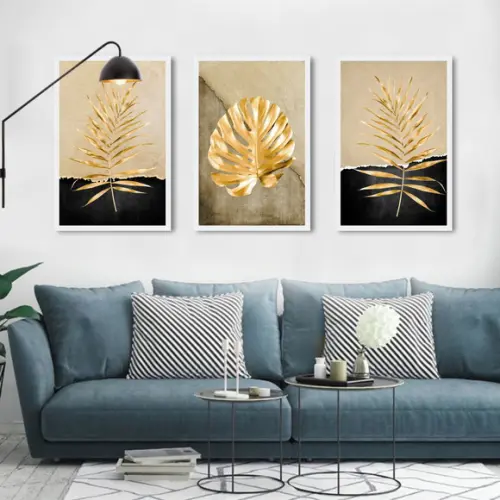 Kit 3 Quadros Decorativos Modernos Folhagem Dourada Moldura