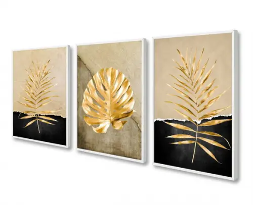 Kit 3 Quadros Decorativos Modernos Folhagem Dourada Moldura
