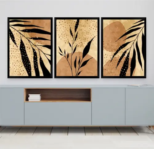 Kit 3 Quadros Decorativos Modernos Folhagem Marrom Moldura