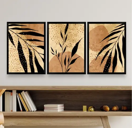 Kit 3 Quadros Decorativos Modernos Folhagem Marrom Moldura