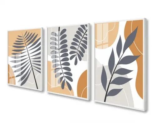 Kit 3 Quadros Decorativos Modernos Folhagem Moldura e Vidro