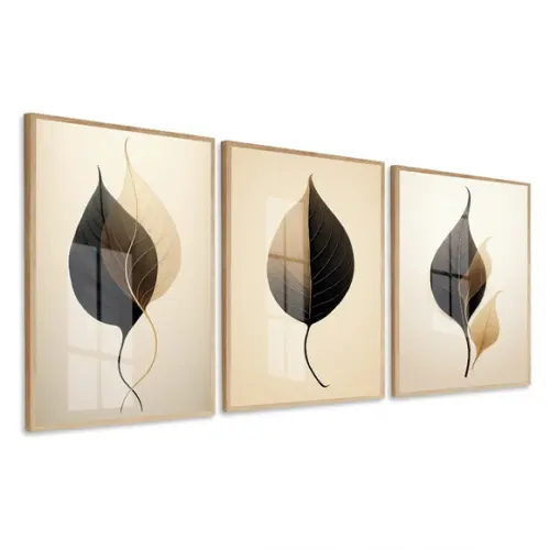 Kit 3 Quadros Decorativos Modernos Folhagem Moldura e Vidro