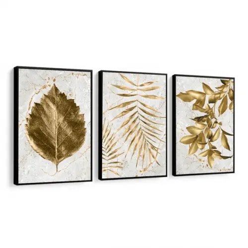 Kit 3 Quadros Decorativos Modernos Folhagem Dourada Moldura