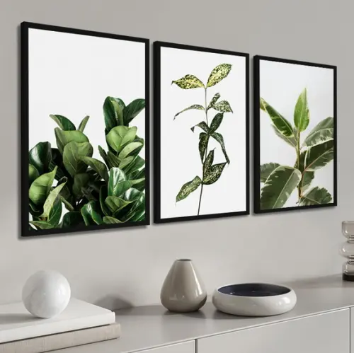 Kit 3 Quadros Decorativos Modernos Folhagem Verde Moldura