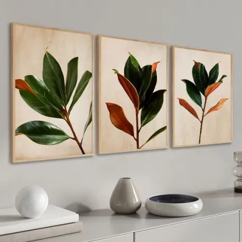 Kit 3 Quadros Decorativos Modernos Folhas Para Sala Moldura