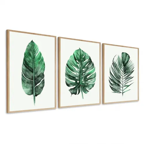 Kit 3 Quadros Decorativos Modernos Folhas Verdes com Moldura