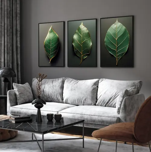 Kit 3 Quadros Decorativos Modernos Folhas Verdes com Moldura
