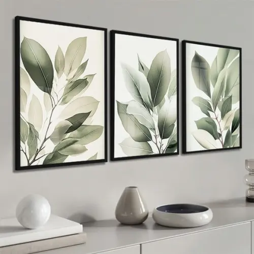 Kit 3 Quadros Decorativos Modernos Folhas Verdes com Vidro
