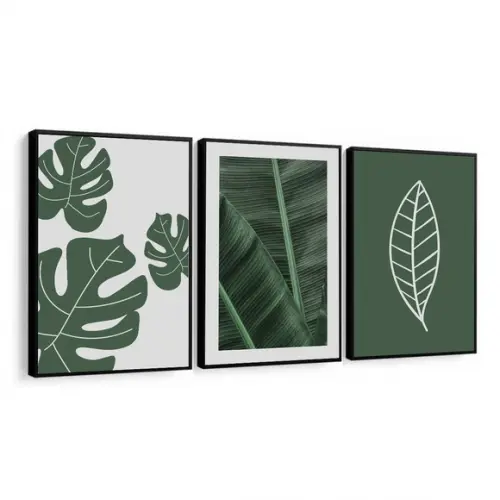 Kit 3 Quadros Decorativos Modernos Folhas Verdes com Moldura