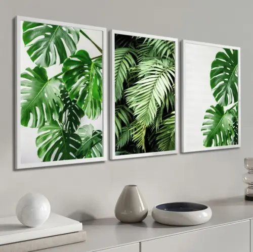 Kit 3 Quadros Decorativos Modernos Folhas Verdes Moldura