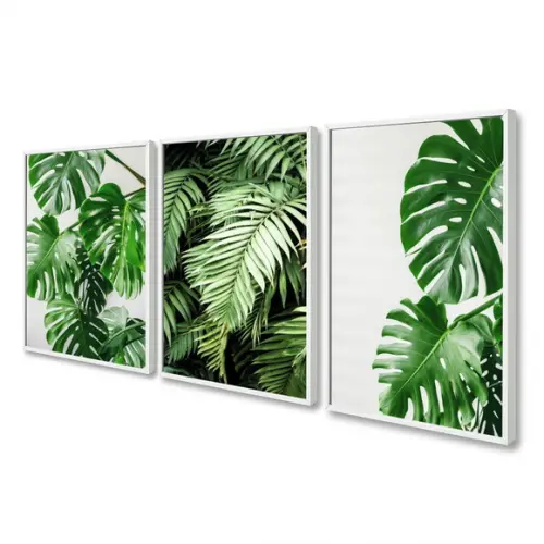 Kit 3 Quadros Decorativos Modernos Folhas Verdes Moldura