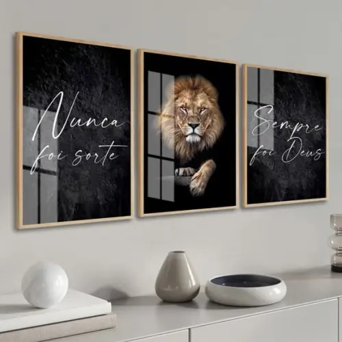 Kit 3 Quadros Decorativos Modernos Frases Leão Moldura Vidro