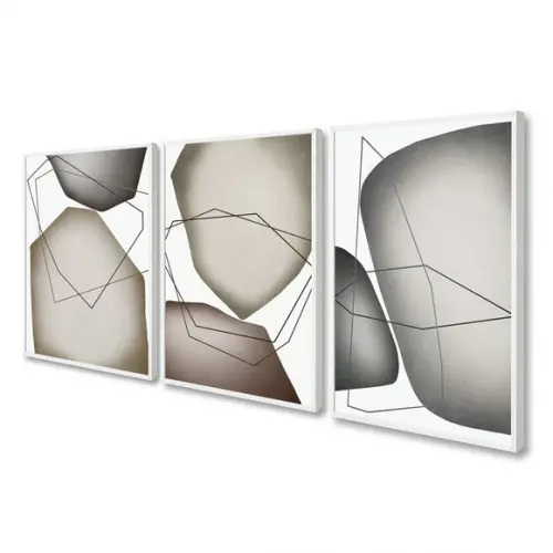 Kit 3 Quadros Decorativos Modernos Geométrico Cinza Moldura