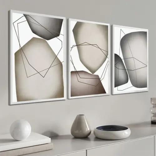 Kit 3 Quadros Decorativos Modernos Geométrico Cinza Moldura