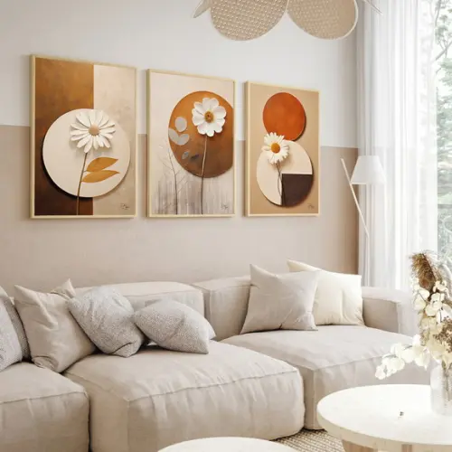 Kit 3 Quadros Decorativos Modernos Geométrico Flores Moldura