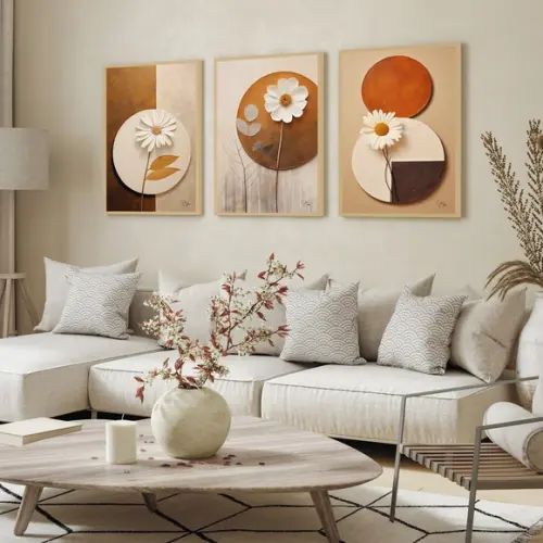 Kit 3 Quadros Decorativos Modernos Geométrico Flores Moldura