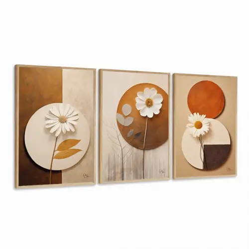 Kit 3 Quadros Decorativos Modernos Geométrico Flores Moldura