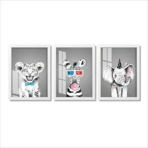 Kit 3 Quadros Decorativos Modernos Infantil Moldura e Vidro