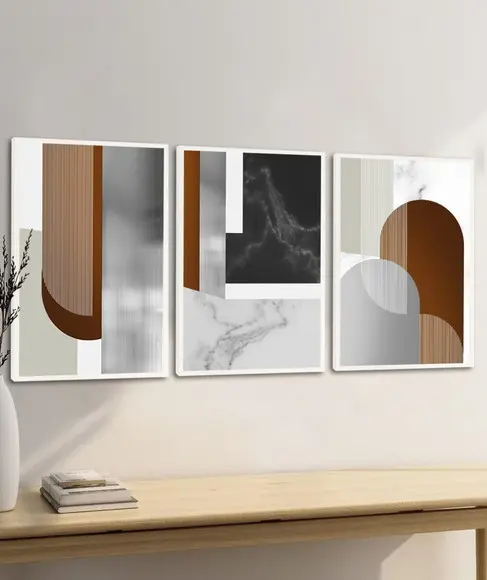 Kit 3 Quadros Decorativos Modernos Geométrico Marrom Moldura
