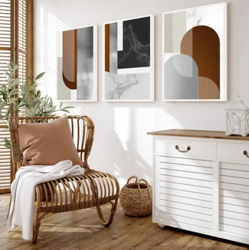 Kit 3 Quadros Decorativos Modernos Geométrico Marrom Moldura