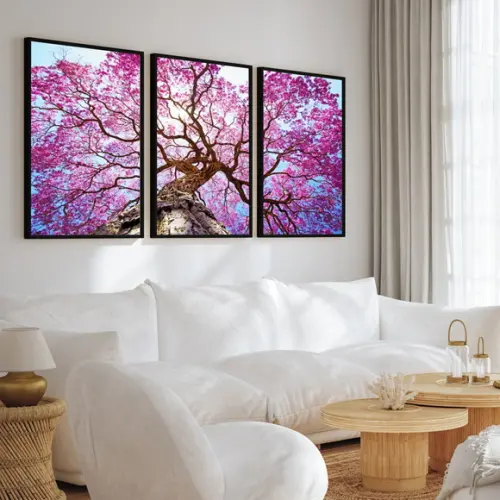Kit 3 Quadros Decorativos Modernos Ipê Rosa Arvore Moldura